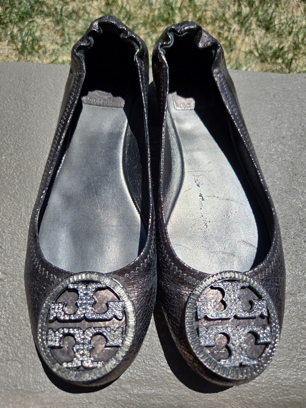 Tory Burch Black Glitter Logo Round-Toe Flats